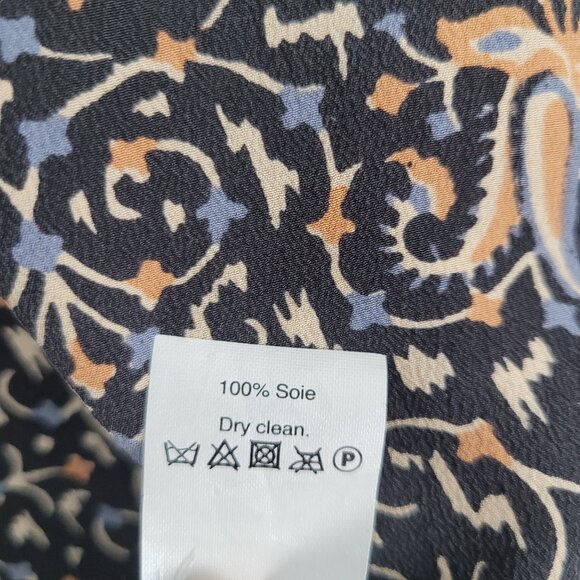 Madewell Silk Blouse 3/4 Bell Sleeve Peplum Patterned Black Multicolor Size L - Picture 10 of 11